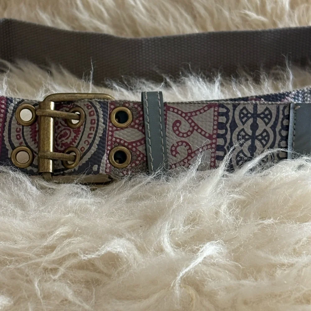 Bohemian Patterned Gray Belt with Brass Buckle and Accents